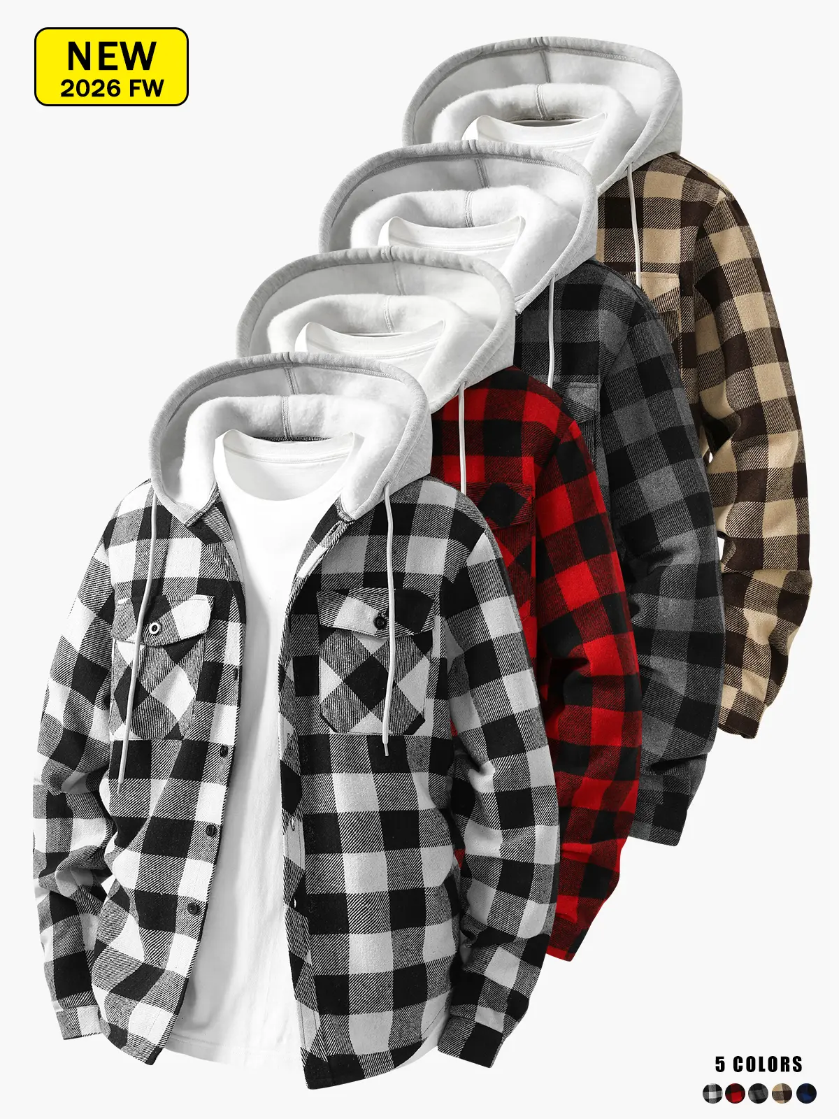 Men’s hooded plaid shirt jacket, casual button-front long-sleeve plaid shirt jacket, drawstring hood design, loose fit, autumn/winter outerwear, with chest pocket