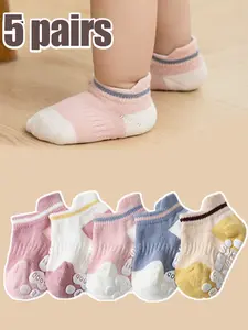 5 Pairs Children Socks Baby Walking Socks Thin Mesh Breathable Non-Slip Floor Socks Cartoon Pattern Newborn Baby Boys Short Socks