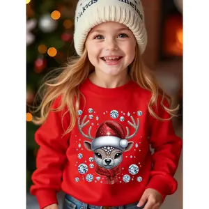 Girls' Winter Cotton Cardigan Jacket - Warm Flocked Print with Reindeer Motif & Crystal Accents, Sparkling Snowflake Collar, Cozy Round Neck, Long Sleeves, Slight Stretch, for Xmas Parties & Family Gatherings