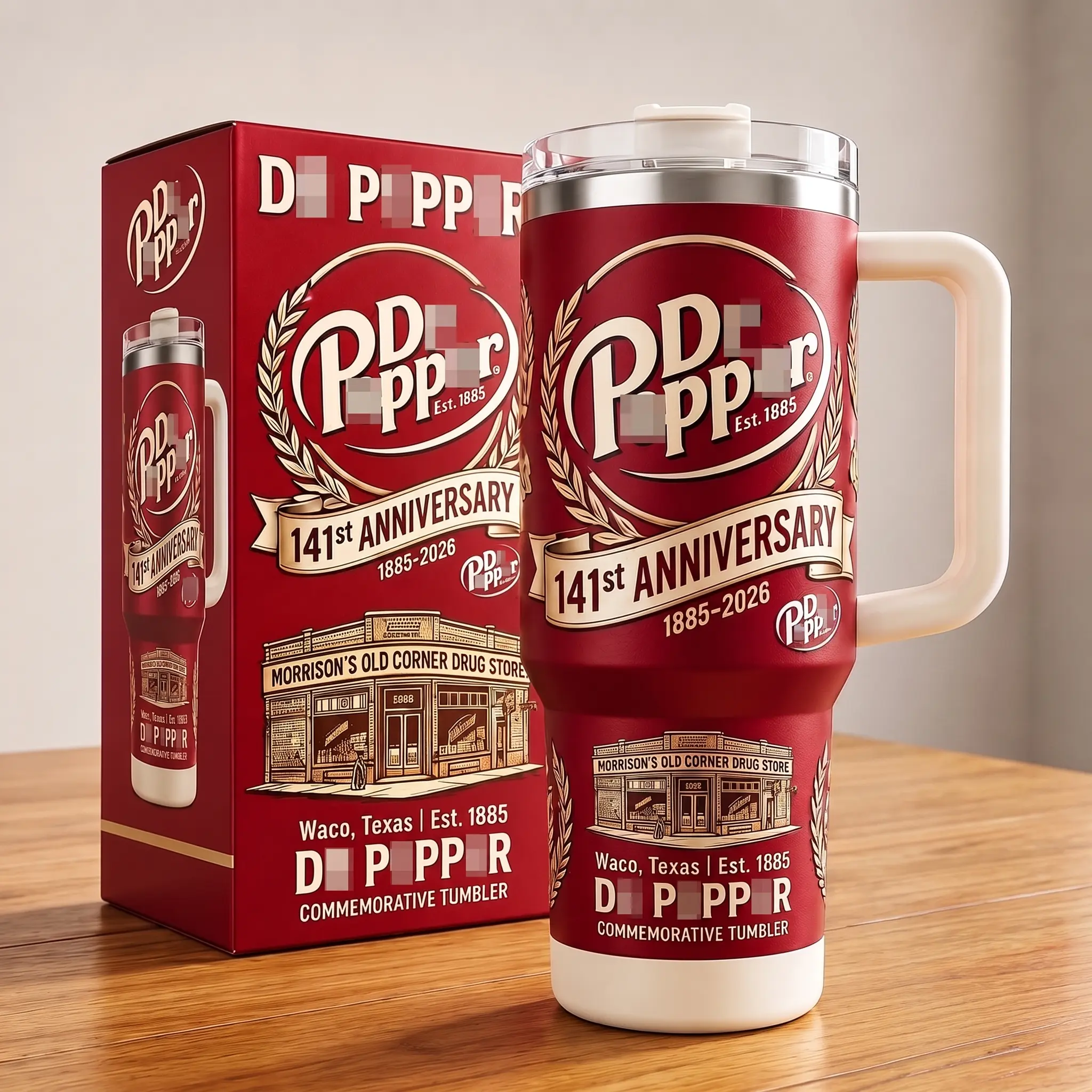 Pepper 141st Anniversary Tumbler 40oz with Handle - Drug Store Limited Edition Travel Mug with Straw - Est 1885 Commemorative Stainless Steel Cup - Vintage Soda Fan Insulated Graphic Car Cup