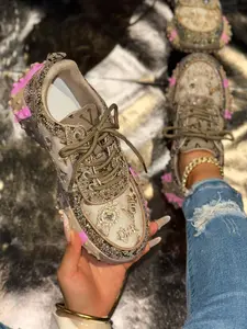Women's Fashion Trendy New Spring Mesh Breathable Rhinestone Sport Dad Shoes, Casual Lace-Up Sneakers for Daily Wear