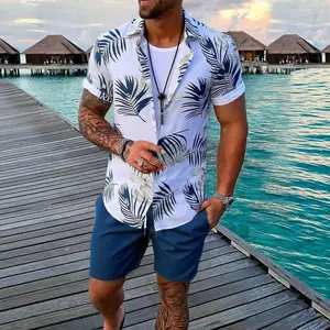 Men's Summer 2-Piece Outfit, Casual Button-Down Shirt & Shorts Set, Tropical Vacation Beach Wear for Guys