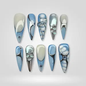 Frosty Babe Silver Glaze Press On Nails, Handmade Icy Chrome Design Medium Almond, Gift For Women, Winter Party Event, Glam Nails