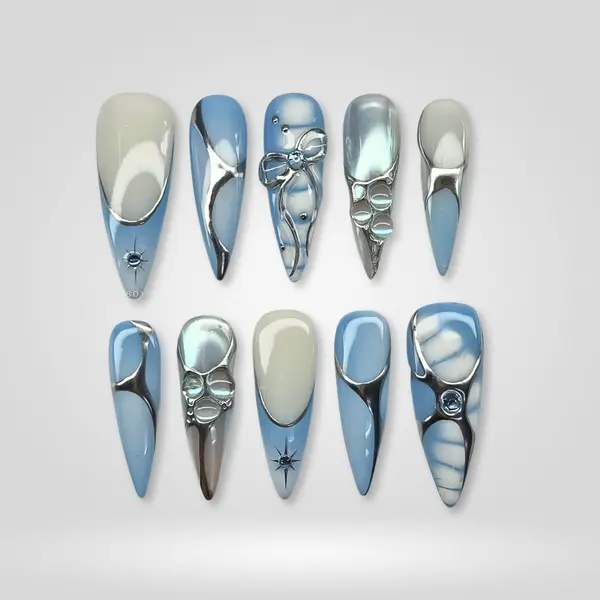 Frosty Babe Silver Glaze Press On Nails, Handmade Icy Chrome Design Medium Almond, Gift For Women, Winter Party Event, Glam Nails
