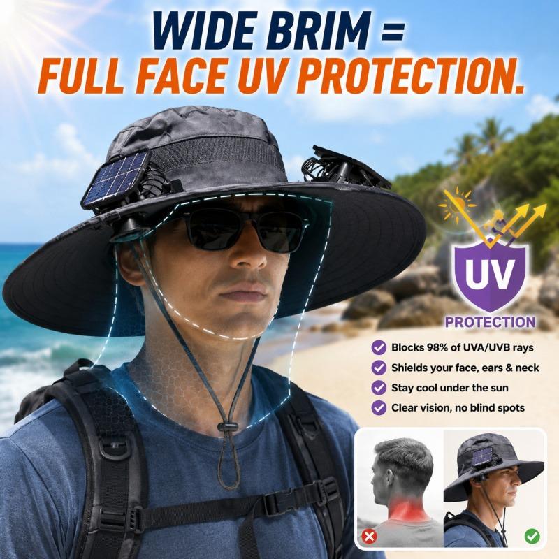 Solar-Powered Fan Sun Hat with Mist Spray, Wide Brim UV Protection Fishing Hat, Dual Fans, Solar & USB Dual Charging, Waterproof Quick-Dry, Adjustable Fit for Men Women Outdoor Hiking Gardening Work