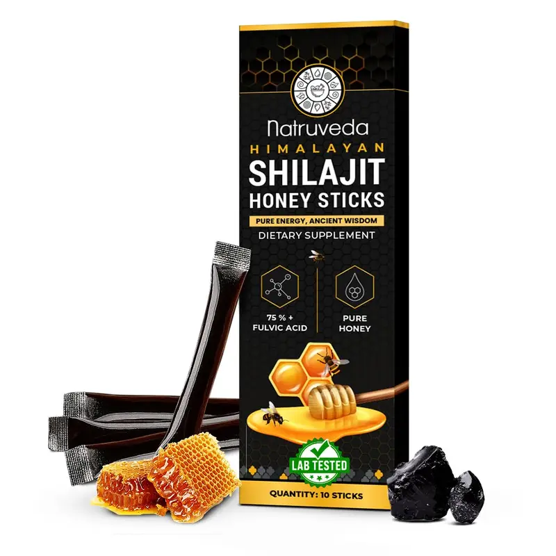 Natruveda, Himalayan Shilajit Honey Sticks for Men & Women - 75%+ Fulvic Acid & Trace Minerals - Raw Honey, Saffron & HimalayanShilajitResin - Stamina, Performance & Energy Support