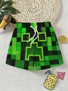 Trendy Pixel Style Boys' 3D Beach Shorts Trunks, Block Print, Quick Dry, Fitted Knee Length, Perfect for Outdoor, Holiday Gifts, Birthday Presents