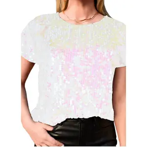Anna-Kaci Glitter Sequin Tops Short Sleeve Sparkly Binding Shirt Blouse - X Large, White