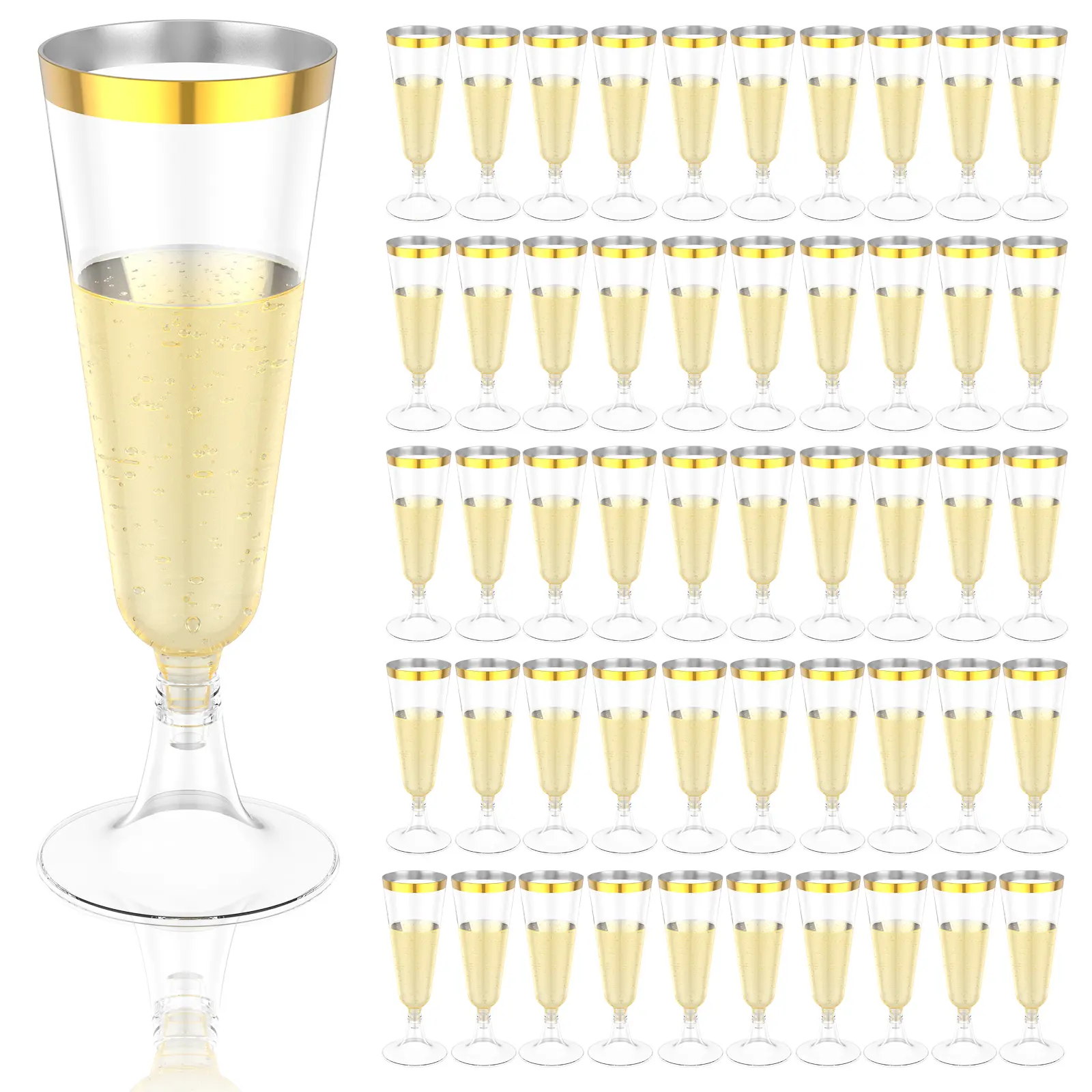 50Pcs Champagne Flutes Plastic Cup PP Gold Flute Cup Unbreakable Clear Champagne Flutes Easy to Clean Tall Champagne Plastic Cup Easy to Grip for Weddings