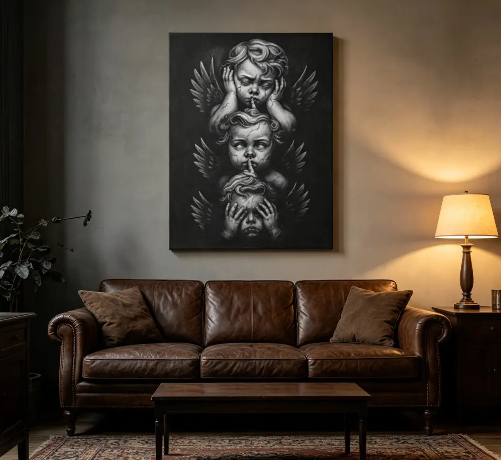Single-panel canvas print featuring the "See No Evil, Hear No Evil, Speak No Evil" angel theme; angel-style wall art suitable for decorating living rooms, bedrooms, offices, studies, galleries, and hallways.