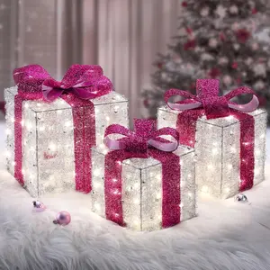 Lighted Gift Boxes, 3 Sets for Xmas Holiday Party Wedding Valetines Day Indoor Outdoor decor ornaments, under Christmas tree Decoration Pink