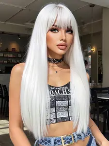 26 Inch Long Straight White Wigs for Women, Gorgeous Fluffy Wigs with Bangs, Synthetic Full Machine Wigs for Party, Daily Use, Synthetic Material Wigs