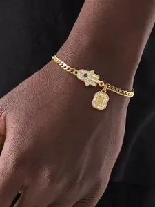 Men's Stainless Steel Cuban Chain Bracelet, Initial Letter Hamsa Hand Pendant, Casual Style, All Seasons Personalized Jewelry Gift