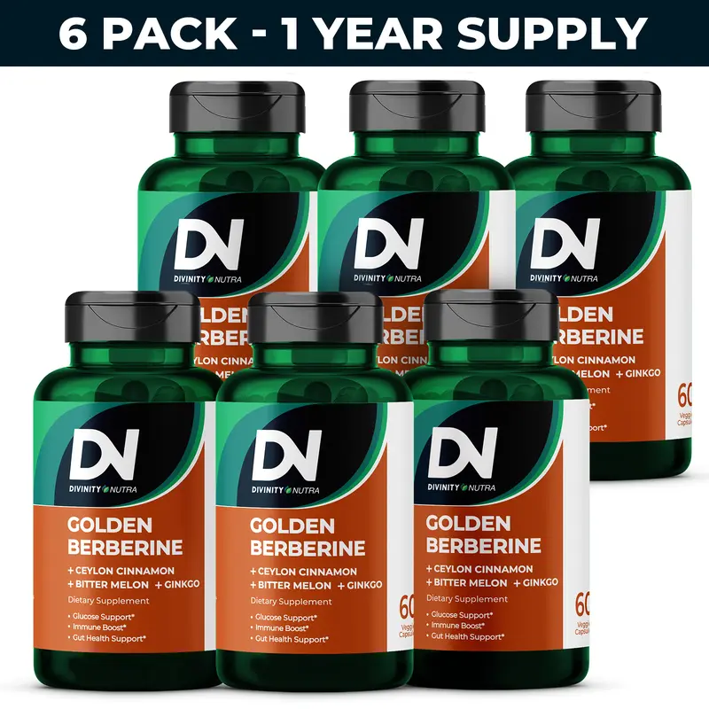 DN 6 Packs 4-in-1 Golden Berberine Supplement 1500mg, Glucose Support, with Ceylon Cinnamon Bitter Melon Ginkgo, Support Gut Health, Metabolism, Wellness, 60 Capsules, Divinity Nutra