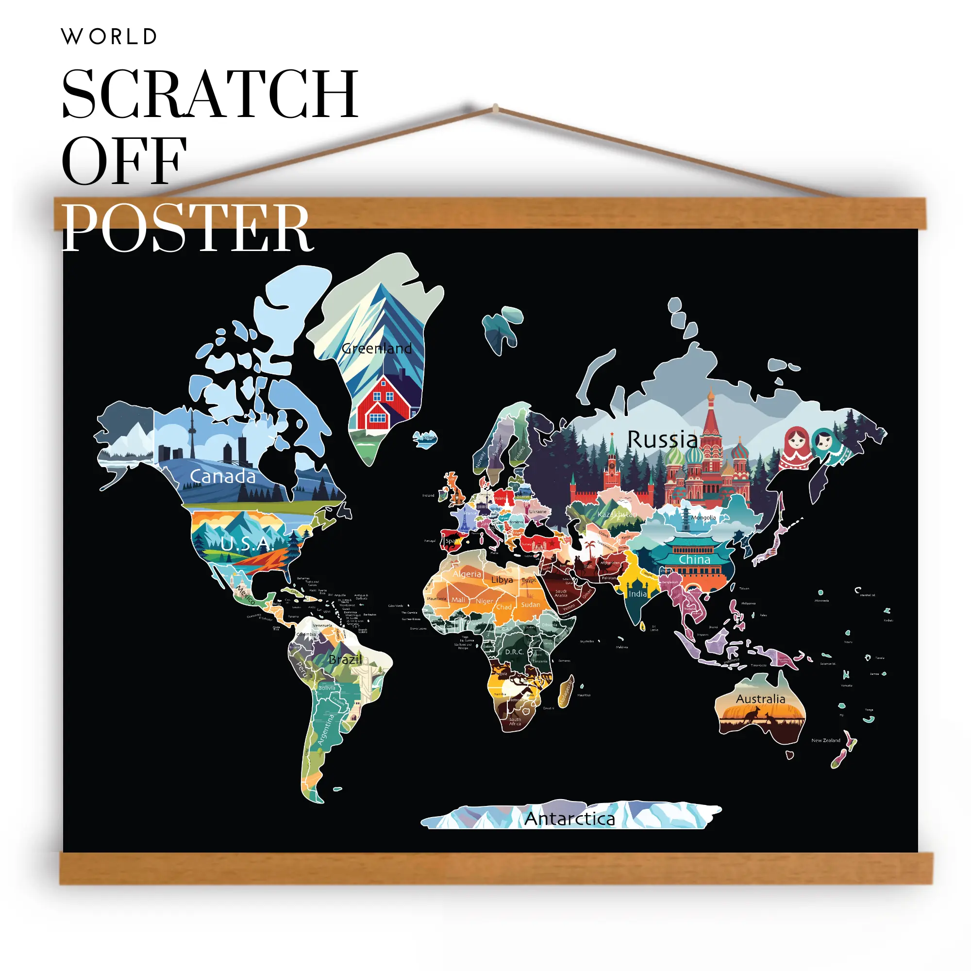 Large World Scratch Off Map Poster with Detailed Landmarks and Countries for Travel Enthusiasts