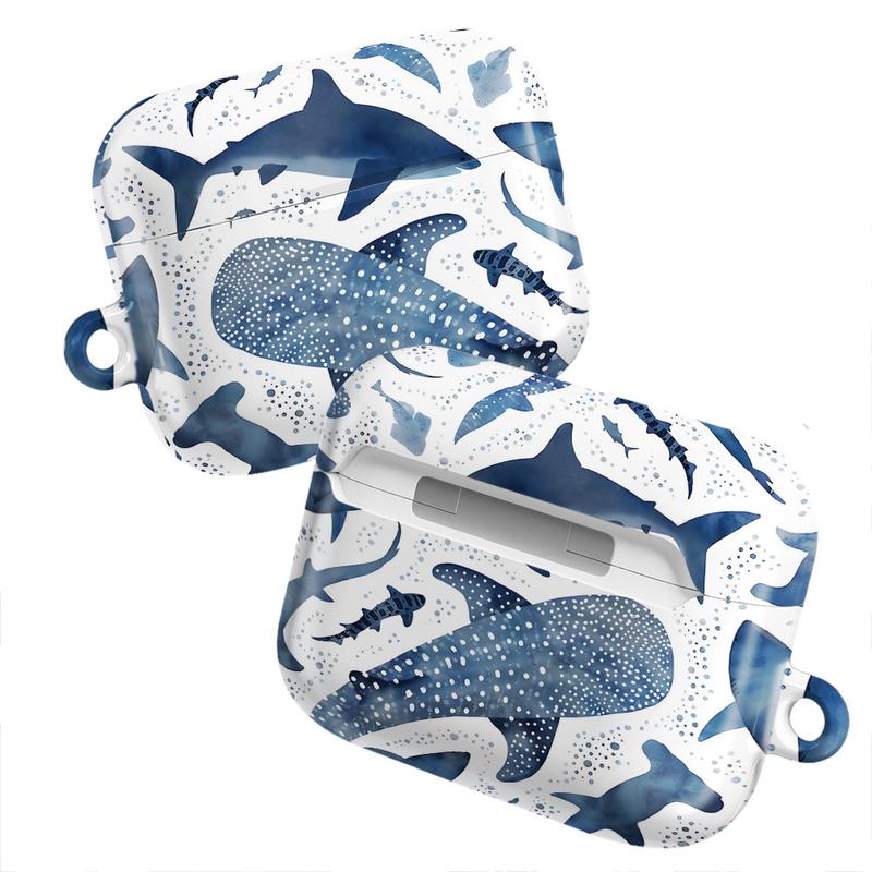 Whale Shark & Ocean Shark AirPods Case – Navy/White Watercolor Sea Life Cover – AirPods Pro/Pro 2, AirPods 1/2/3/4 Case – Nautical Gift for Him & Her