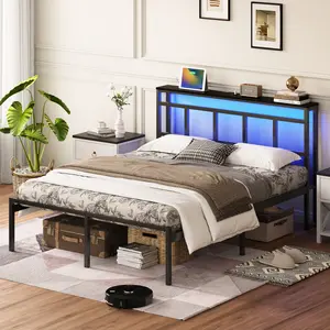 Twin/Full/Queen Size Bed Frame with Storage Headboard, Metal Platform Bedframe with Charging Station & LED Light, Heavy Duty Metal Slats, 14 Inch Underneath, No Box Spring Needed, Noise Free, Black