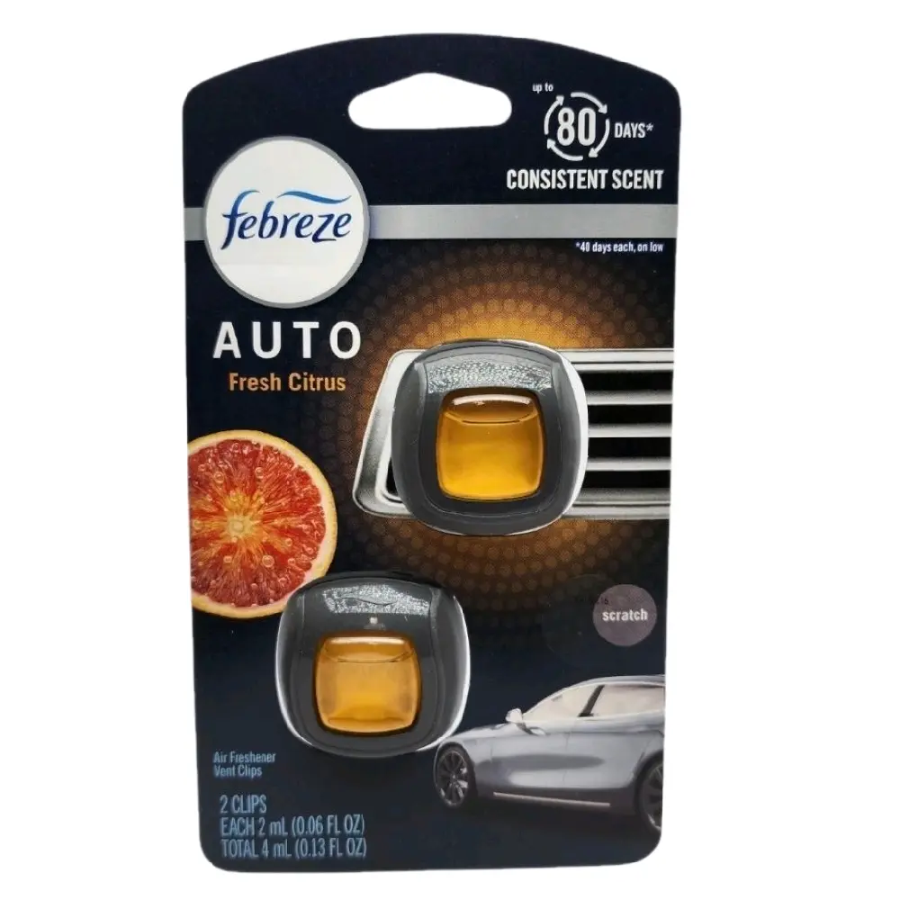 Febreze LUXE Clip-On Car Air Freshener Vent Accessory - 2 Clips, 0.07 Fl Oz Citrus Scent, Adjustable, Steady Release, Up to 40 Days Fragrance, Fights Car Odors, Odor Control, Consistent Scent for Enhanced Rides