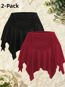 Plus Size American Style Drawstring Asymmetrical Short Skirt, High Waist Pleated Sexy Slimming Half Skirt Set of Two