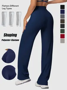 Women's High-Waisted Straight Leg Yoga Pants, Loose Fit Casual Outerwear, Polyester & Spandex Material, All Seasons Wear
