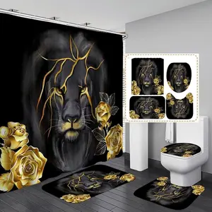 4 PCS Gold Rose and Lion Bathroom Set with Shower Curtain Set with Rugs, Gold Bathroom assessories, Black Lion Shower Curtain, Bathroom Decoration Accessories
