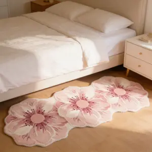 1pc French Pink Flowers Living Room Sofa Long Carpet Sweet Ins Style Bedroom Decoration Bedside Carpet Irregular Shape Cloakroom Plush Rug Home Fluffy Soft Balcony Non-slip Mat Floral Area Rug