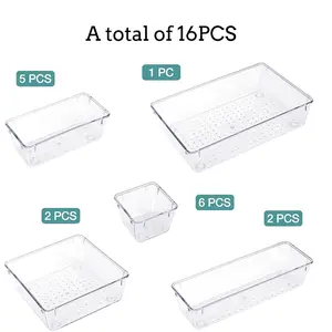 Clear Plastic Drawer Organizer Set, Durable Storage Organizer, 5 Sizes for Bathroom & Kitchen Cabinets, Ideal for Makeup, Jewelry, Utensils, Gadget Storage