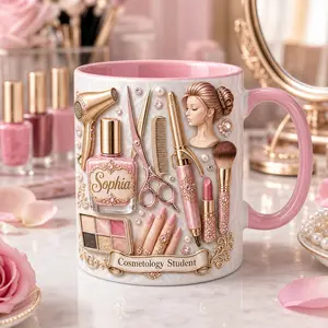 Custom Name Cosmetology Student Mug 2D Printed 3D Effect Coffee Mug Pink Beauty School Design Ceramic Cup for Future Stylist Makeup Artist Beauty Lover Gift for Women Girls Graduation Birthday Appreciation Gift Idea