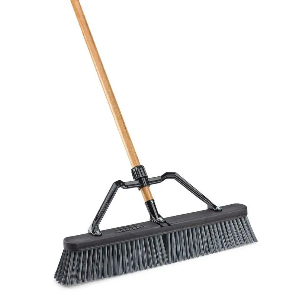 24 in. Industrial-Grade Rough Surface Push Broom Set with Wooden Long Handle, Brace, and Plastic Components for Home Pet Cleaning, Long Handle Brooms