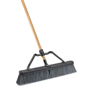 24 in. Industrial Grade Rough Surface Push Broom with Wood Handle, Brace and Plastic Components for Home Pet Cleaning