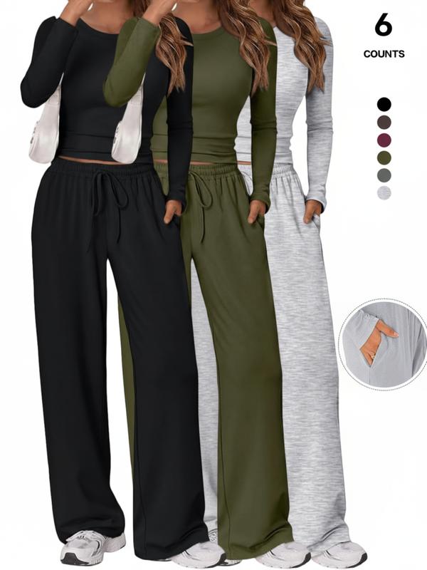 2026 Women's 2 Piece Matching Lounge Set, Long Sleeve Slightly Crop Top & Wide Leg Pants, Casual Sweatsuit for Comfortable Wear 2026 Women's 2 Piece Matching Lounge Set, Long Sleeve Slightly Crop Top & Wide Leg Pants, Casual Sweatsuit for Comfortable Wear