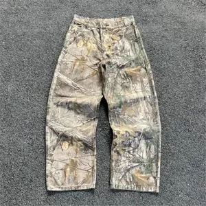 Men's  Style Camouflage Jeans, Wide Leg, Old Wash, Retro Style, Loose, Street Fashion Trend, Straight Leg Jeans, Y2K Camo Pants Denim Trouser Streetwear
