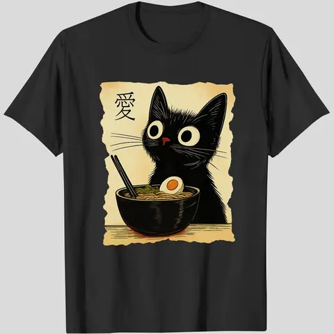 Funny Cat Ramen Graphic Round Neck Long Tee, Japanese Kawaii Anime Cat T-Shirt, Men's Fitted Casual Streetwear T-Shirt, Vintage Designer T-Shirt, Graphic Tees, Short Sleeve Shirt, Casual Stylish Tee, Menswear