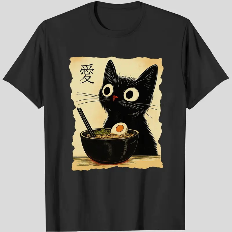 Funny Cat Ramen Graphic Round Neck Long Tee, Japanese Kawaii Anime Cat T-Shirt, Men's Fitted Casual Streetwear T-Shirt, Vintage Designer T-Shirt, Graphic Tees, Short Sleeve Shirt, Casual Stylish Tee, Menswear