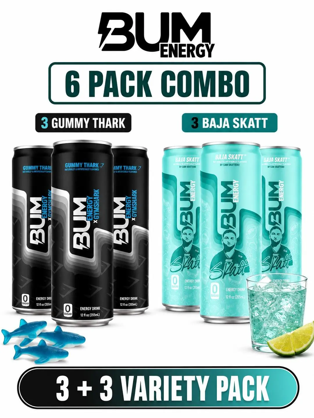 Bum Energy Limited Edition Flavors - Choose from Gummy Thark, Baja Skatt or Razzberry RazzFlavors 6-Pack Energy Drink Cans - 0 Sugar, 12 fl oz