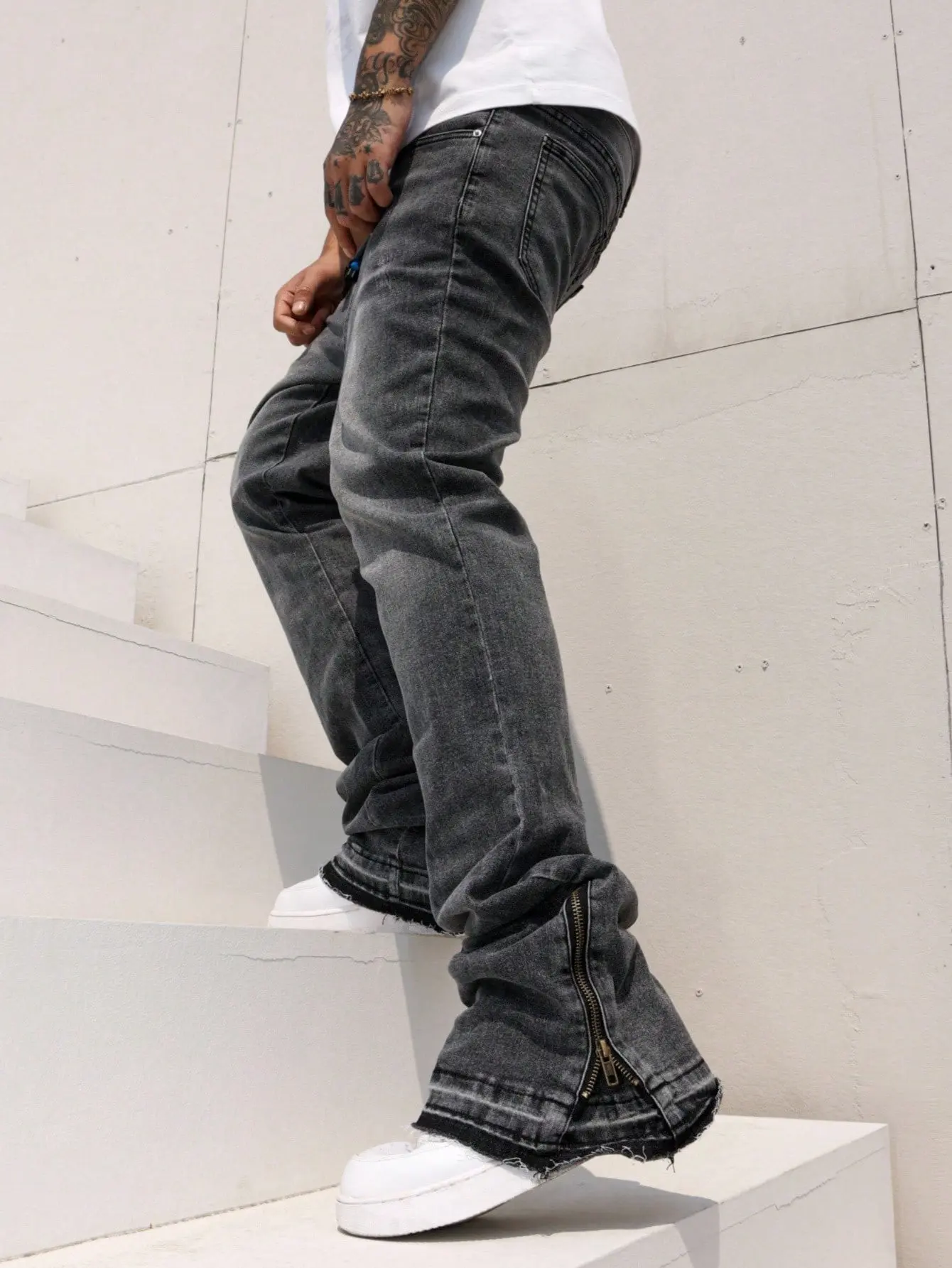 [TS2610] American High Street Stacked Jeans Men Zip Cuff Raw Frayed Bootcut Denim Pants