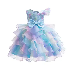 New Colorful Butterfly Knot Girls Princess Tutu Dress Formal Party Wedding Outfit for Toddler Kids