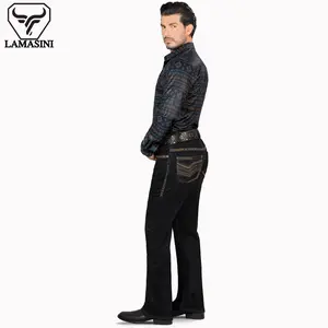 LAMASINI Cowboy Denim Jeans LM1870 Black for Men - Casual Style with Embroidered Embellishments - Fashion