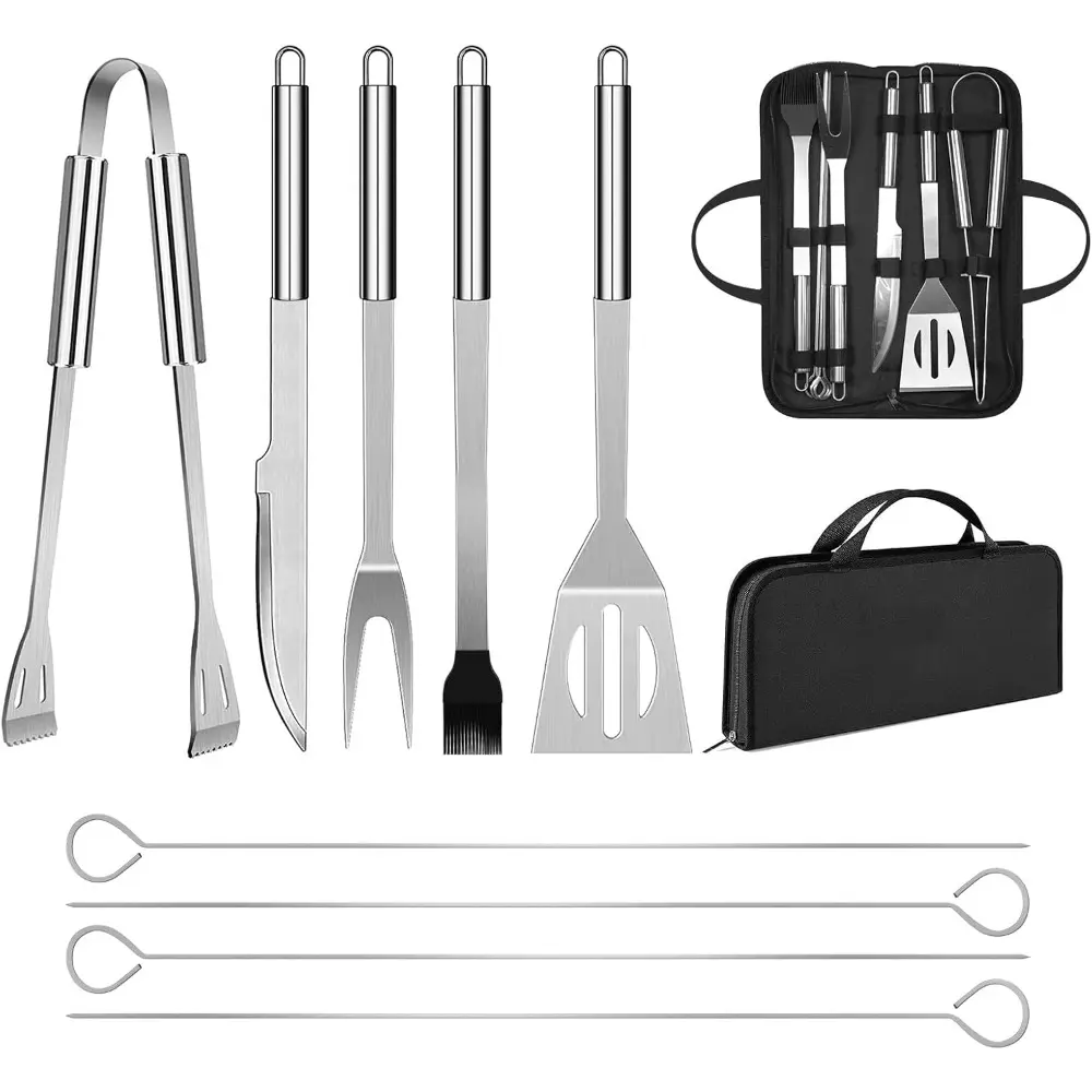 Stainless Steel BBQ Grill Utensil Set with Grill Brush - Professional Barbecue Accessories, Ergonomic Handles, and Portable Lightweight Carry Bag, Travel