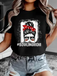 Bowling mom messy bun bleached mother's day gift Print T-Shirt Casual Crew Neck Short Sleeve Comfort Tee Top For Spring & Summer Women's Clothing