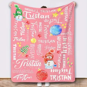 1pc Personalized Christmas Name Blanket - Festive Snowman & Candy Cane Design, Soft Lightweight Flannel Throw for Couch, Bed, Travel, Camping - Machine Washable Holiday Gift for Family & Friends, Holiday Gift Blanket |   Seasonal Sofa Accessory |   Lightw
