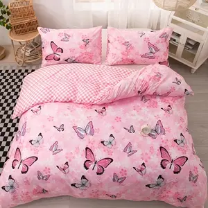 3pcs Fashion Fresh Down Comforter Set, Butterfly Flower Print Bedding Set, Soft Breathable Quilt Cover, Bedroom Guest Room Decor