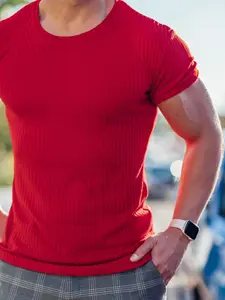 Men's Solid Vertical Stripe T-Shirt, Breathable Elastic Sport Top, Ideal for Gym and Summer Wear, Comfortable and Stylish