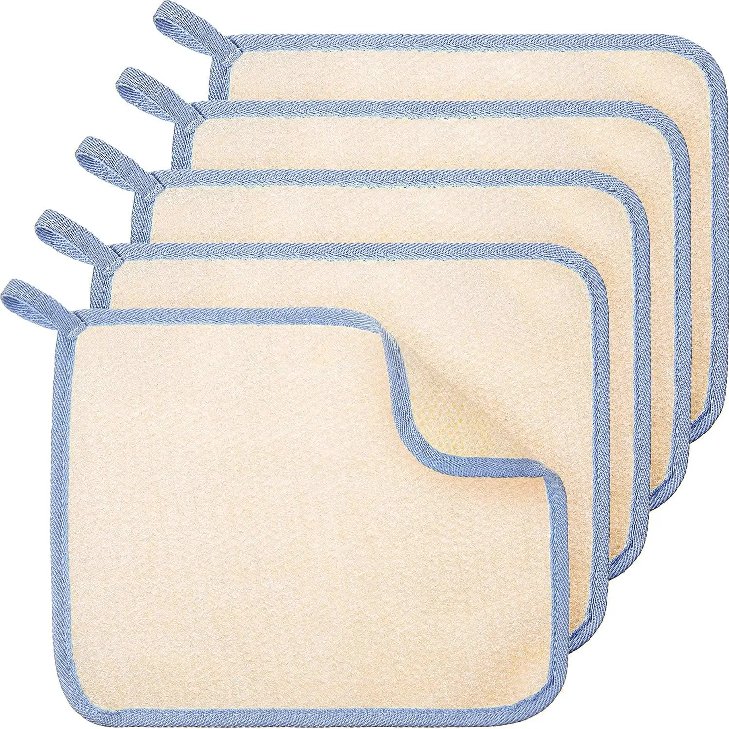 5 Pcs Exfoliating Face and Body Wash Cloths Towel Weave Bath Exfoliating Scrub Massage Bath Cloth for Women and Men, 10.23 x 8.66 Inch(Blue Edge)