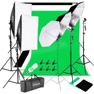 45W Professional Photographic Lighting Kit (Set of 4) - White Umbrella, Silver-Black Umbrella, Soft Light Box, Background Stand, Light Stands