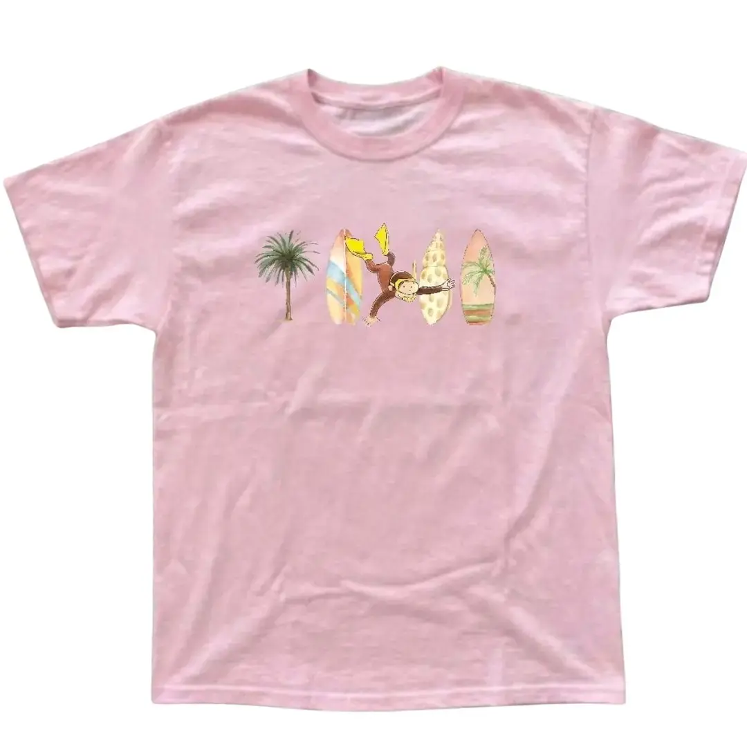 Curious George Monkey Surf Cute T-Shirt, Animal Tee, Cartoon Tshirt, Gifts Shirt, Unisex Vintage Graphic Tees Y2k Affliction Style Clothes Men Women Streetwear Summer Beachwear