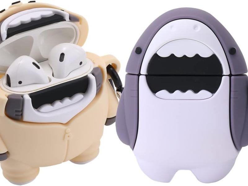 【2 Pack】 3D Cute Shark Case for Airpods 1st/2nd - High-Quality Soft Silicone Clip-on Keychain Protective Cover for Audio Headphones - Unique Purple & Beige Shark Design - Excellent Protection Against Accidental Drops