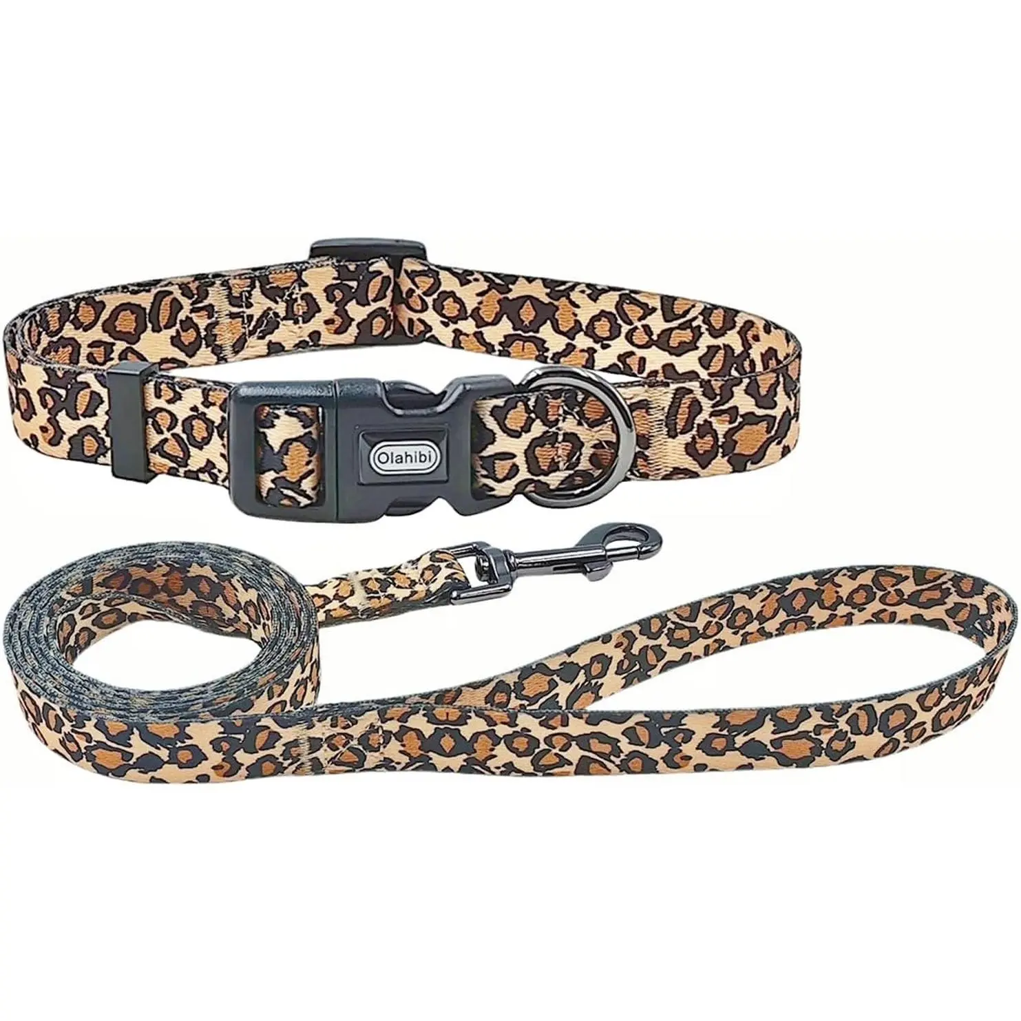 Olahibi Medium Brown Leopard Animal Print Dog Collar and Leash Set Pack, Polyester Adjustable Collar with 5Ft Matching Lead, for Medium Dogs (Size M), Matching Leash