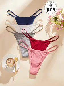 5pcs women's elegant and simple design low-waisted thong Panties, sweet and sporty style, ribbed texture artificial cotton fabric opaque, breathable, Fit, suitable for daily commuting - Christmas/Valentine's Day/Halloween/Independence Day/Birthday gift