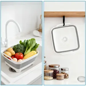 Collapsible Dish Basin, 9L/2.4Gal Portable Wash Basin with Drain Plug, Space Saving Foldable Bucket, Kitchen Sink for Camping, Vegetable Washing, RV